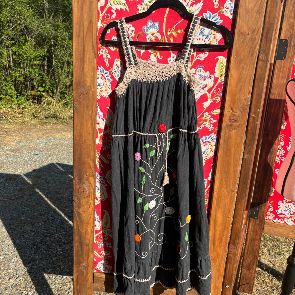 Grey Crocheted Floral Embellishment Drawstring Cottagecore Midi Dress Size M - Picture 13 of 13
